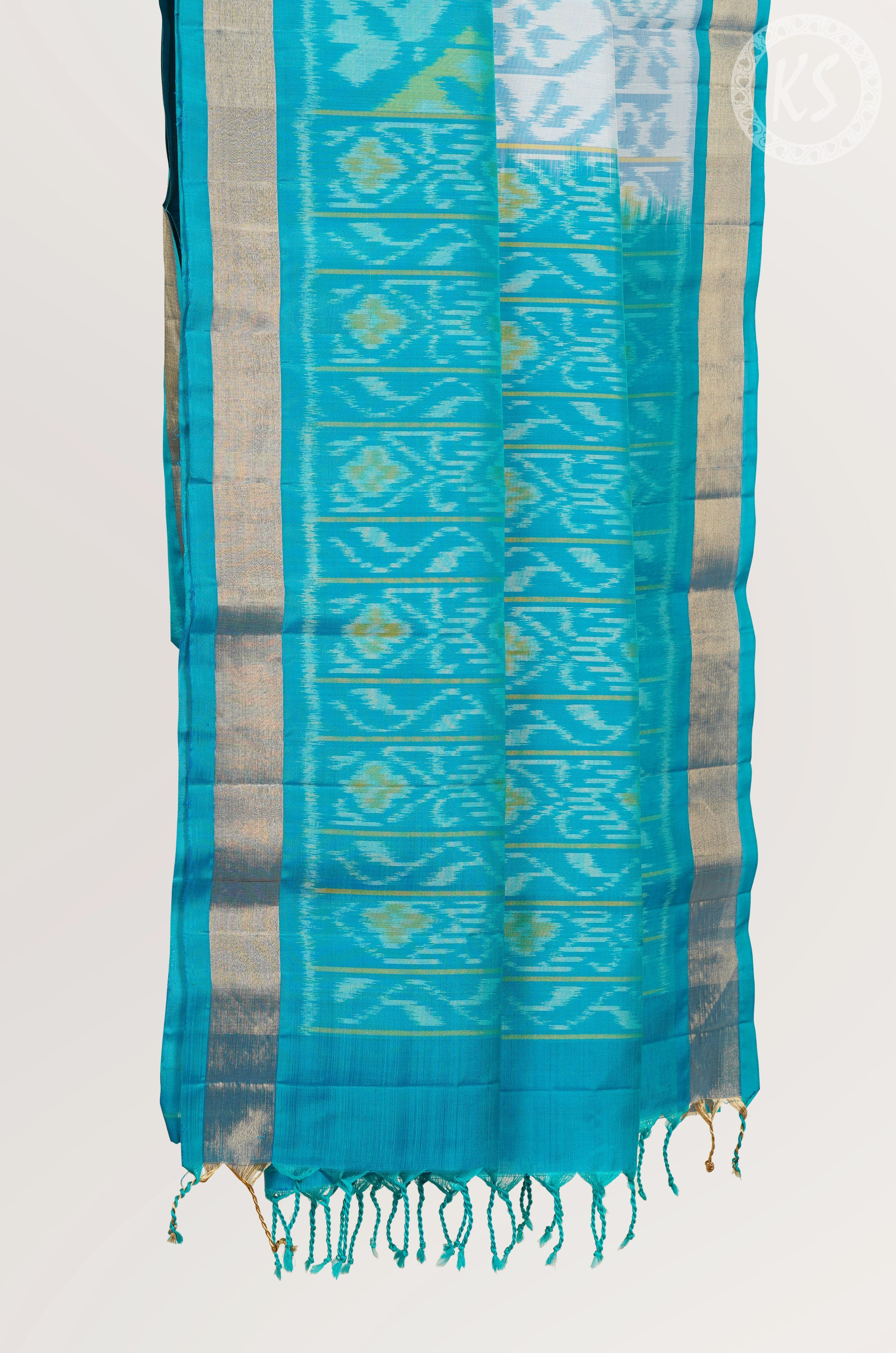 White Ikkat Print Soft Silk Saree