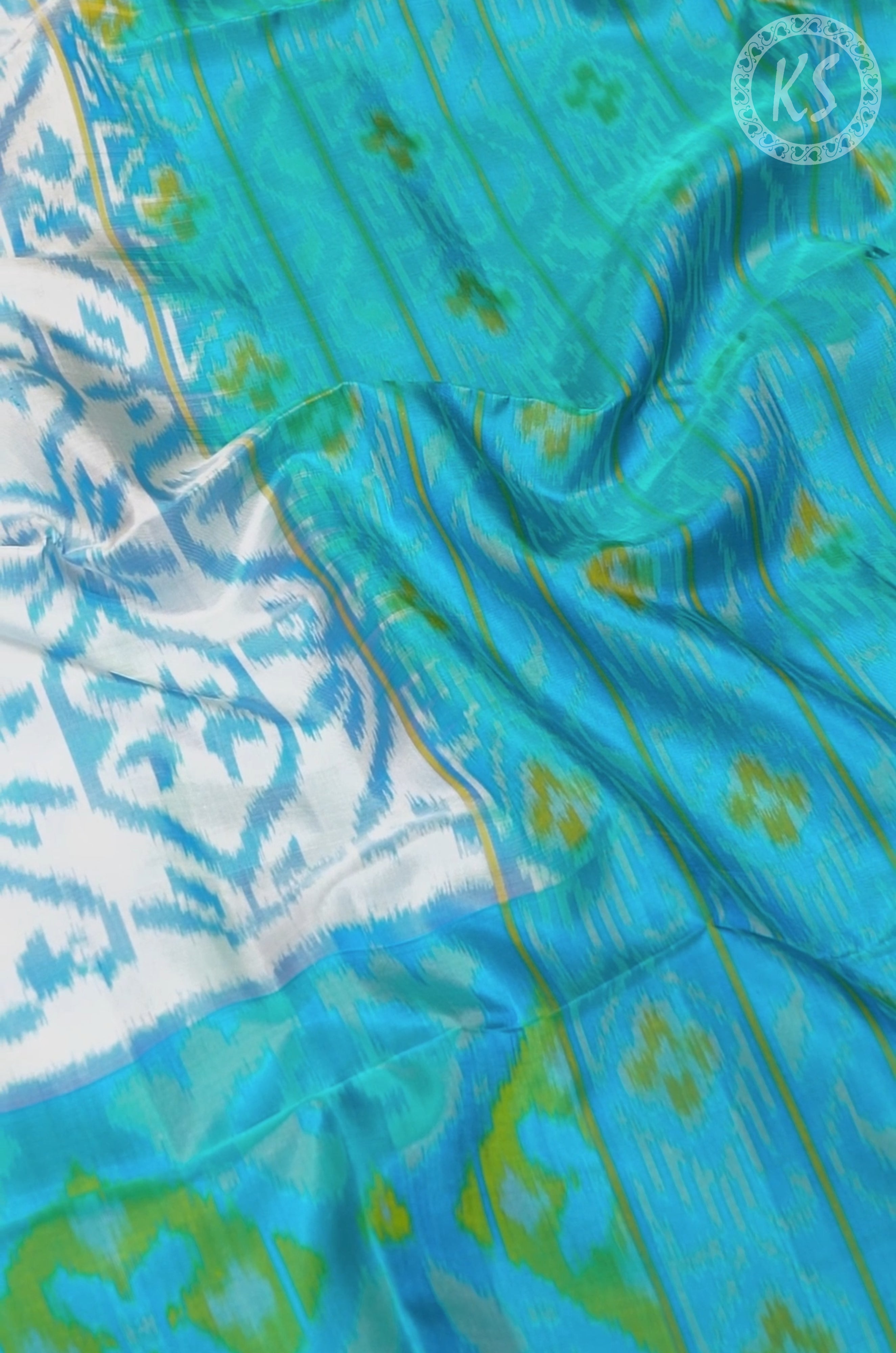 White Ikkat Print Soft Silk Saree