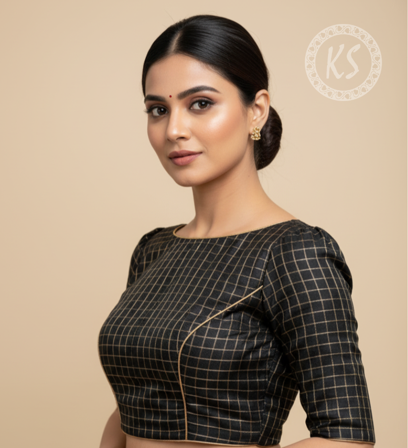 Black checks rawsilk blouse material