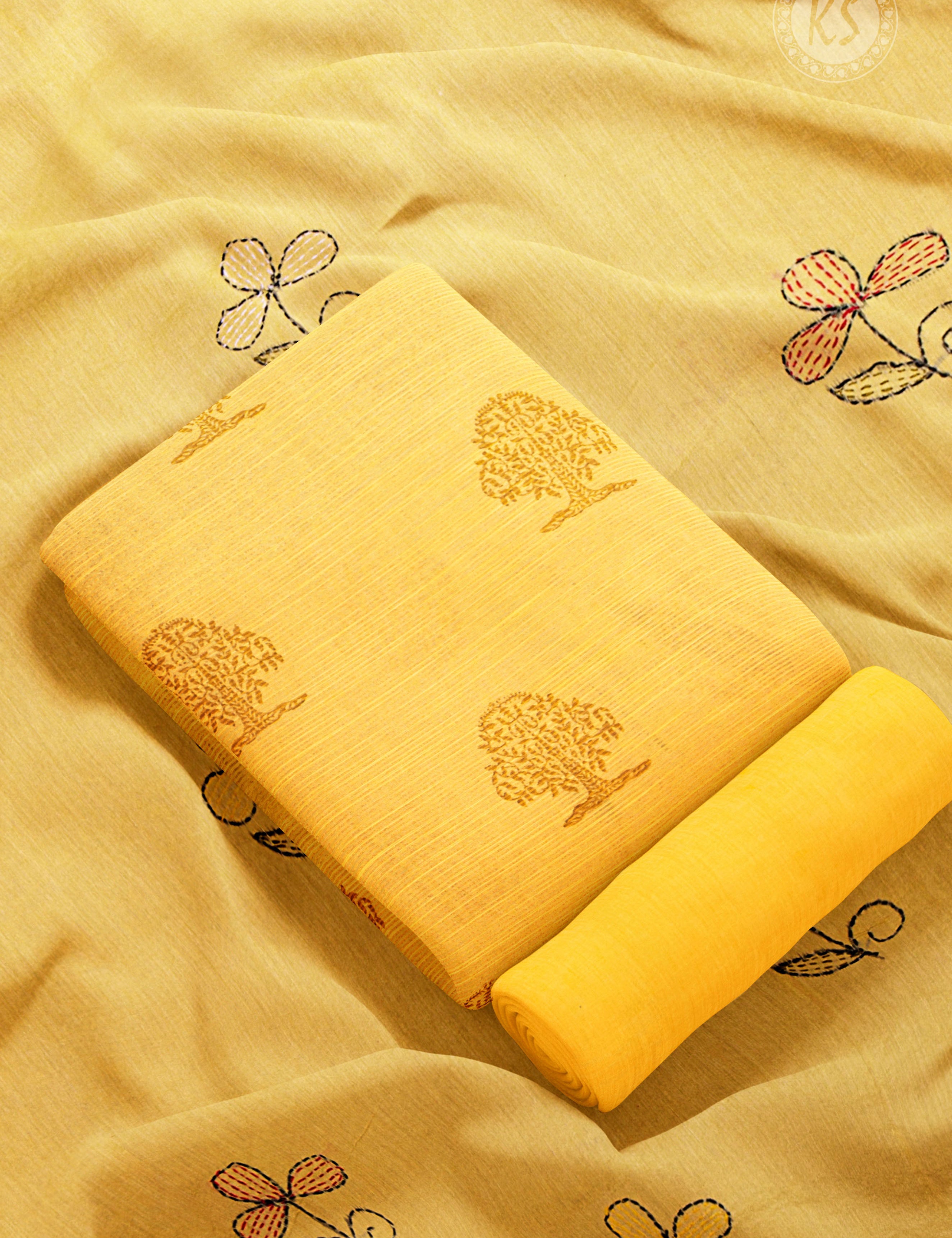 lemon-yellow-unstitched-chudidhar-set-with-tree-design-a