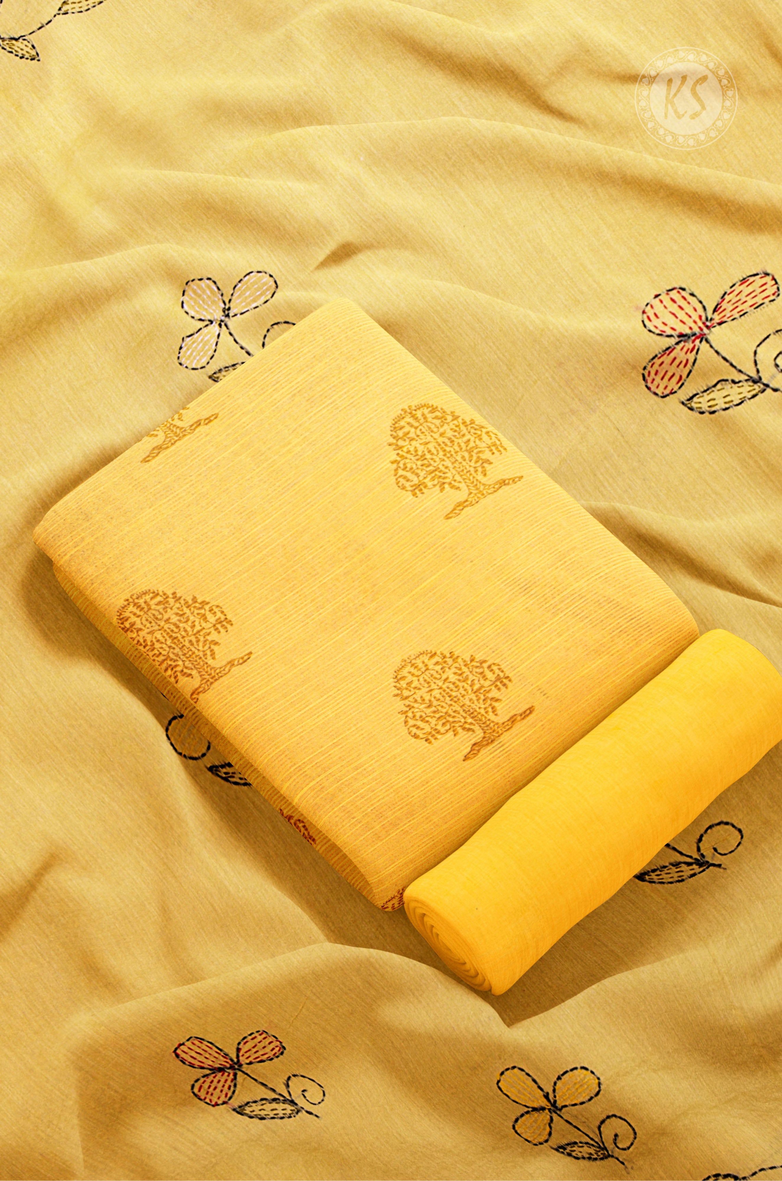 lemon-yellow-unstitched-chudidhar-set-with-tree-design-a