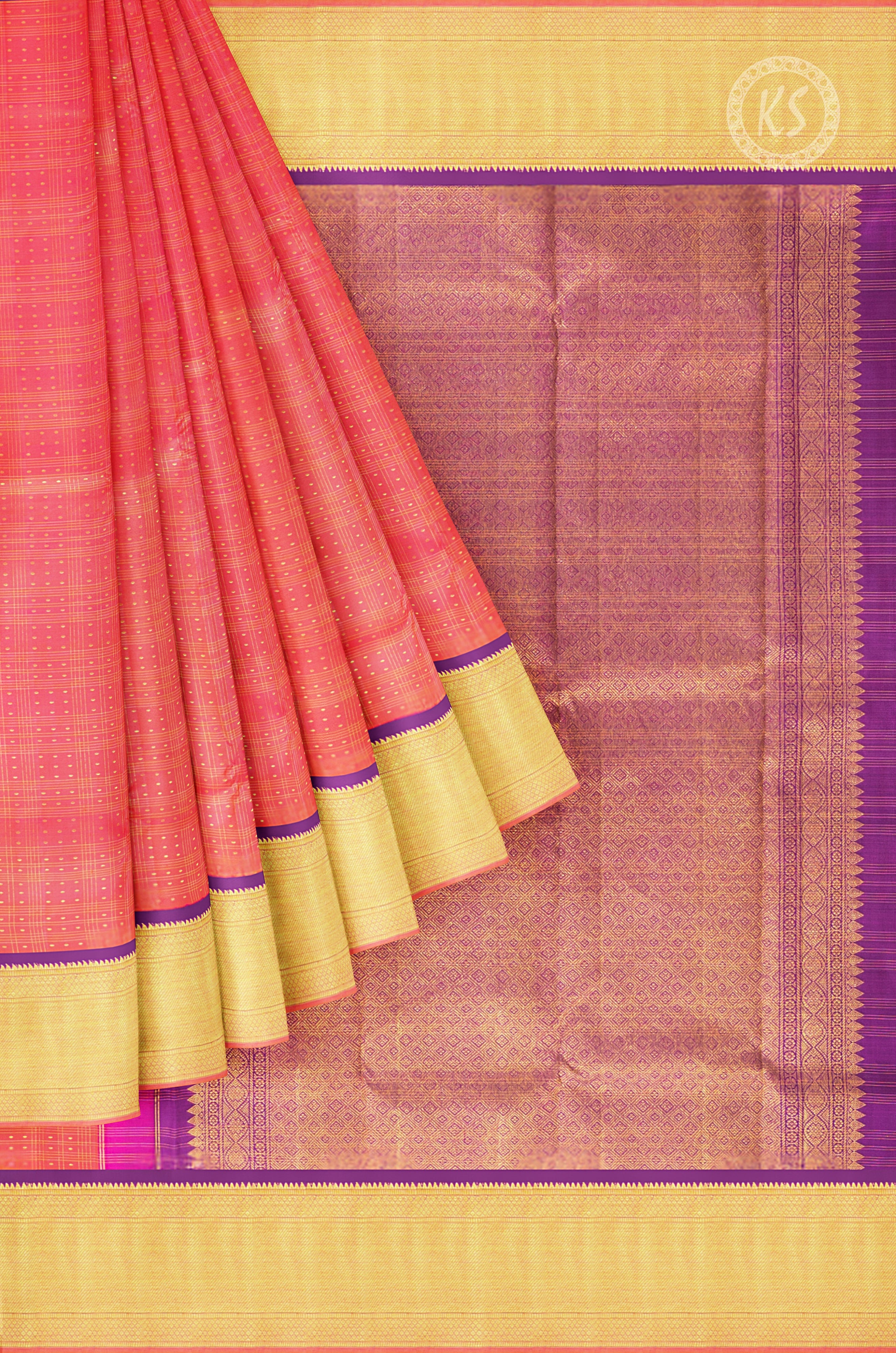 Pink Checks Silk Saree with Gold Border