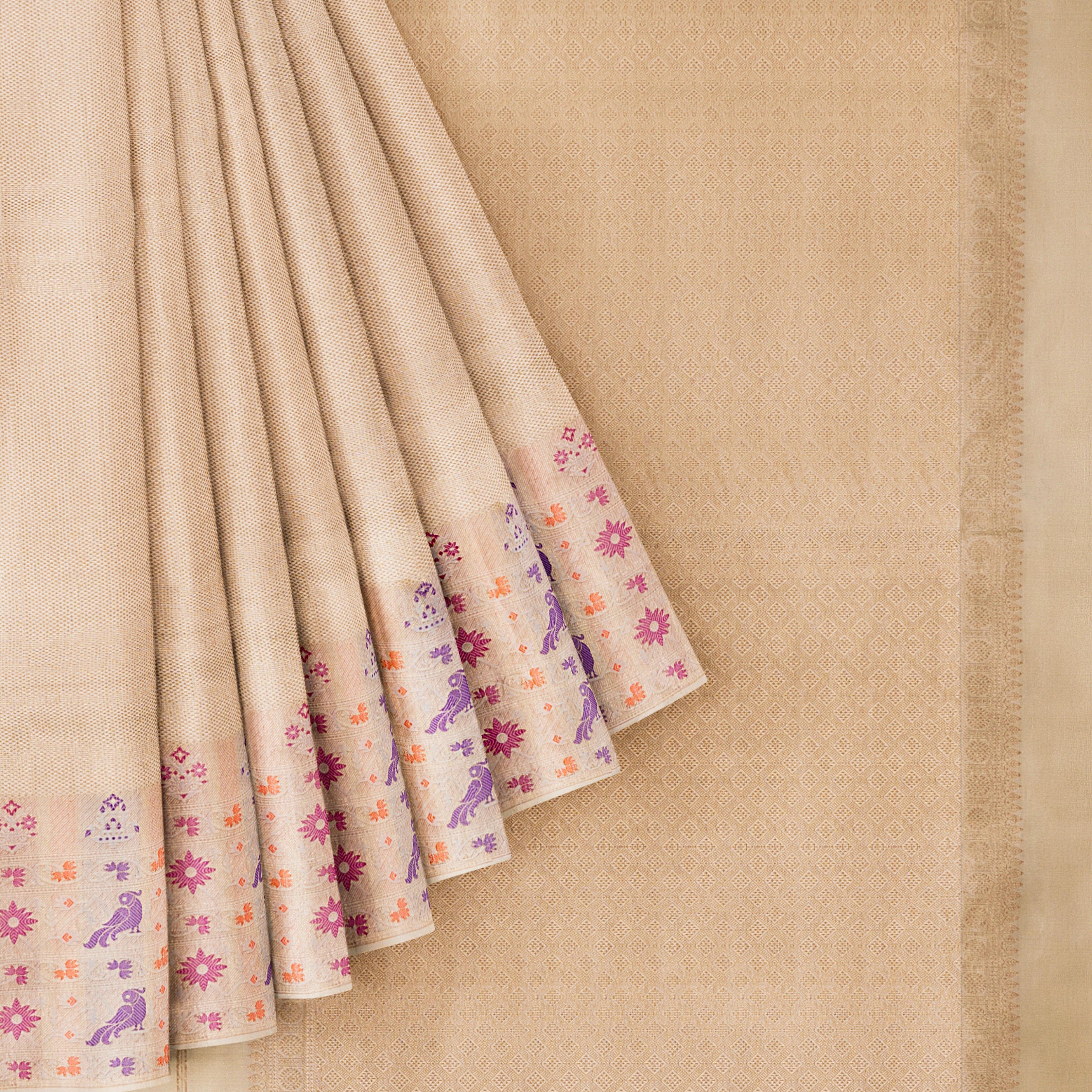 Off White Embossed Silk Saree