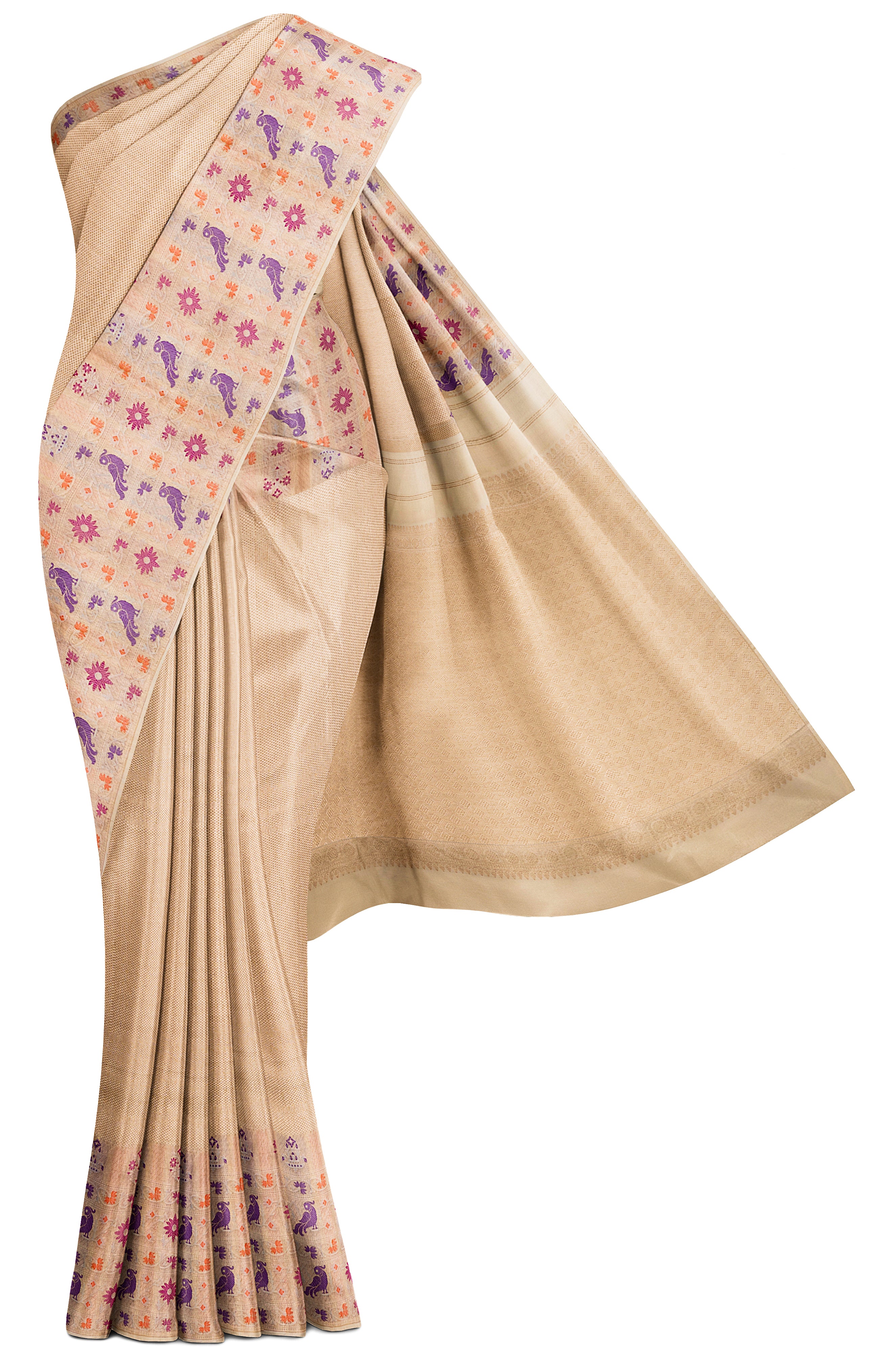 Off White Embossed Silk Saree