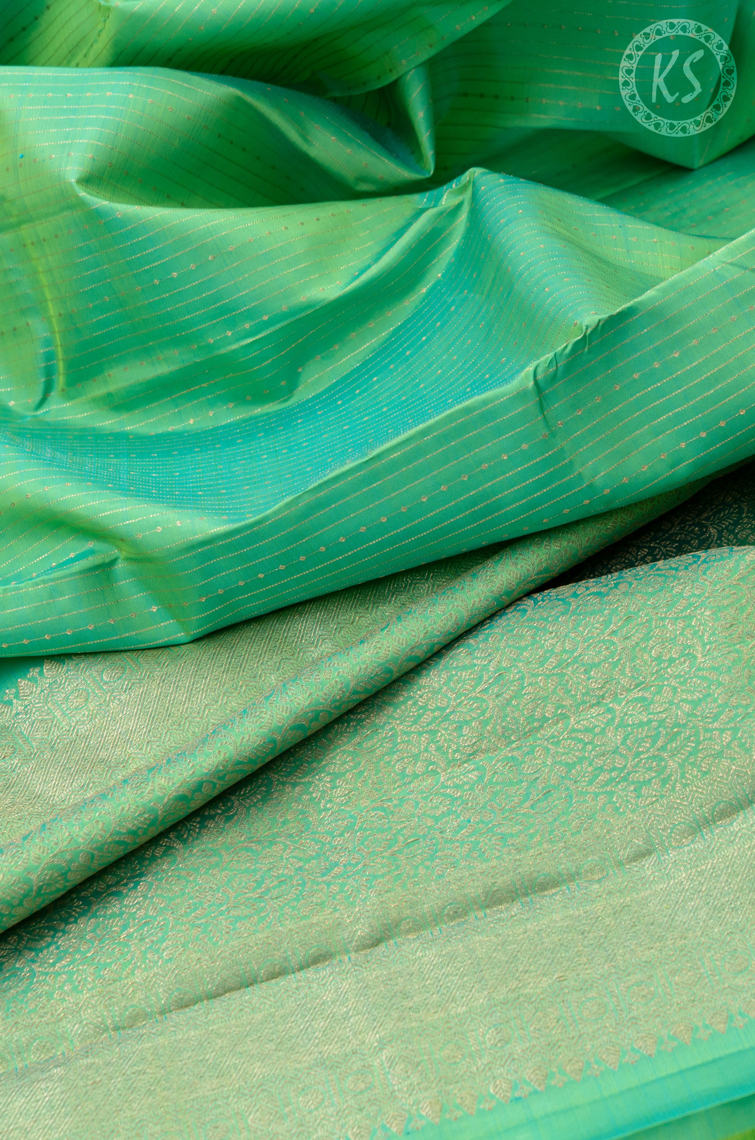 Turquoise Green Silk Saree with Silver Stripe Silk Saree