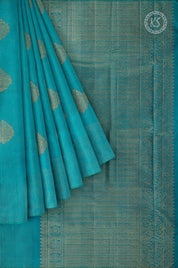 Turquoise Blue Stripe Silk Saree with Floral Butta