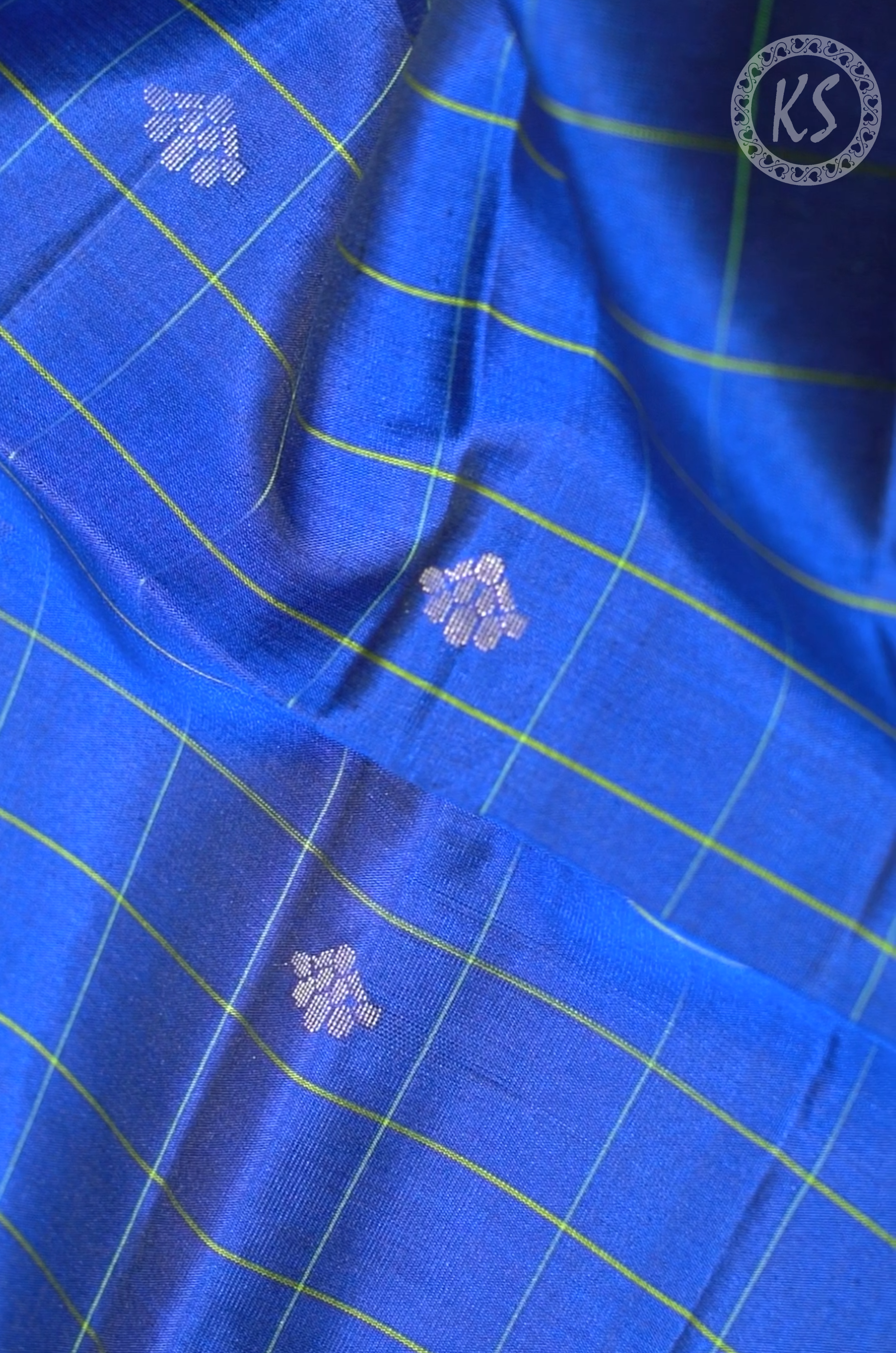 Royal Blue Checks and Floral Butta Soft Silk Saree