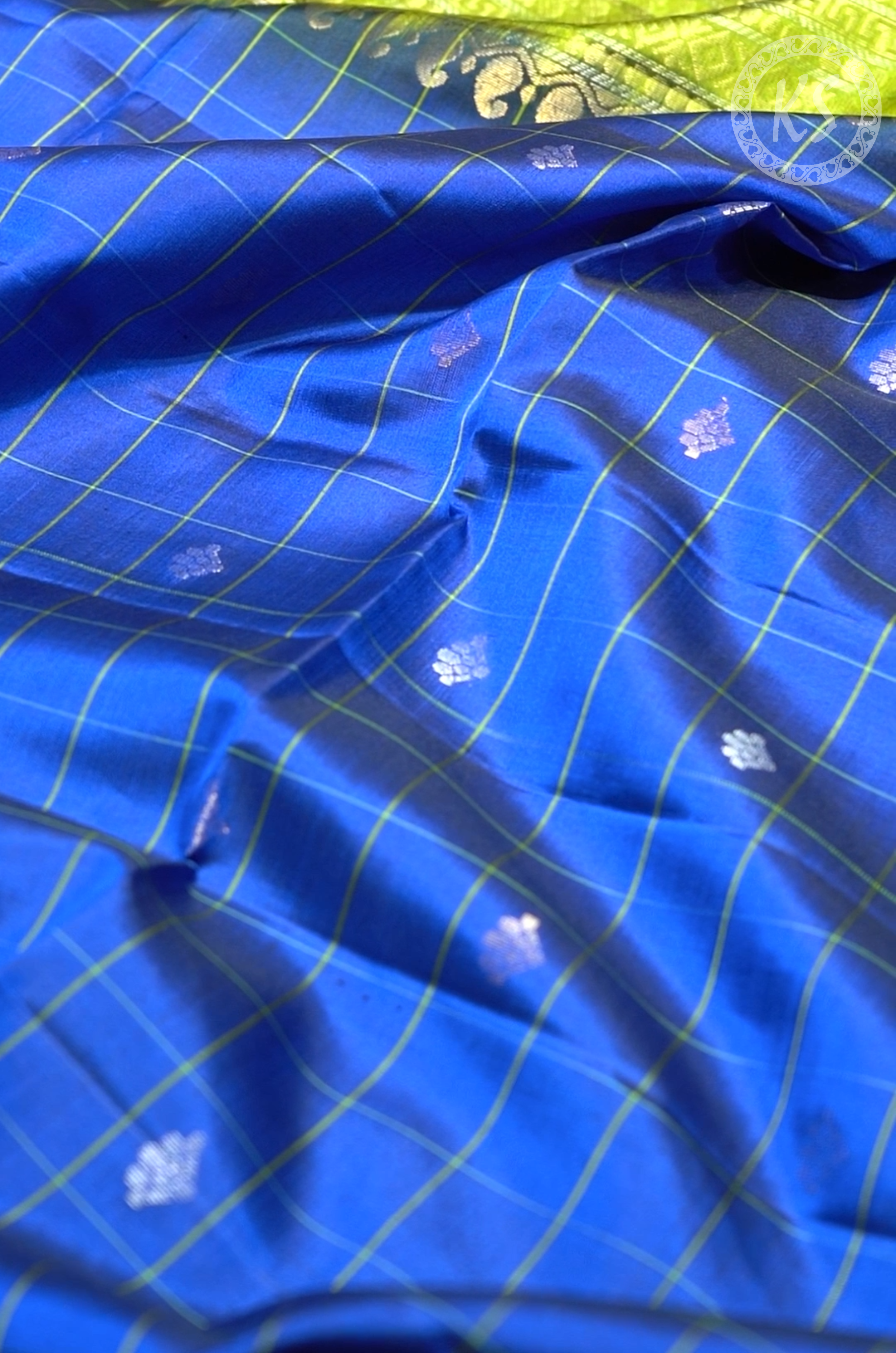 Royal Blue Checks and Floral Butta Soft Silk Saree