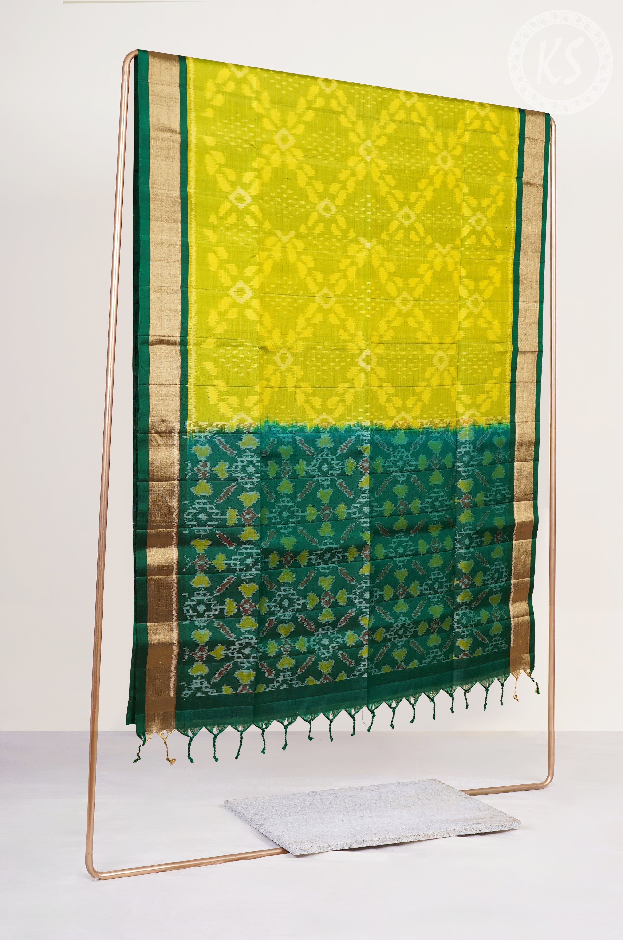 Lime Green & Yellow Dual Tone  Pochampally Soft Silk Saree