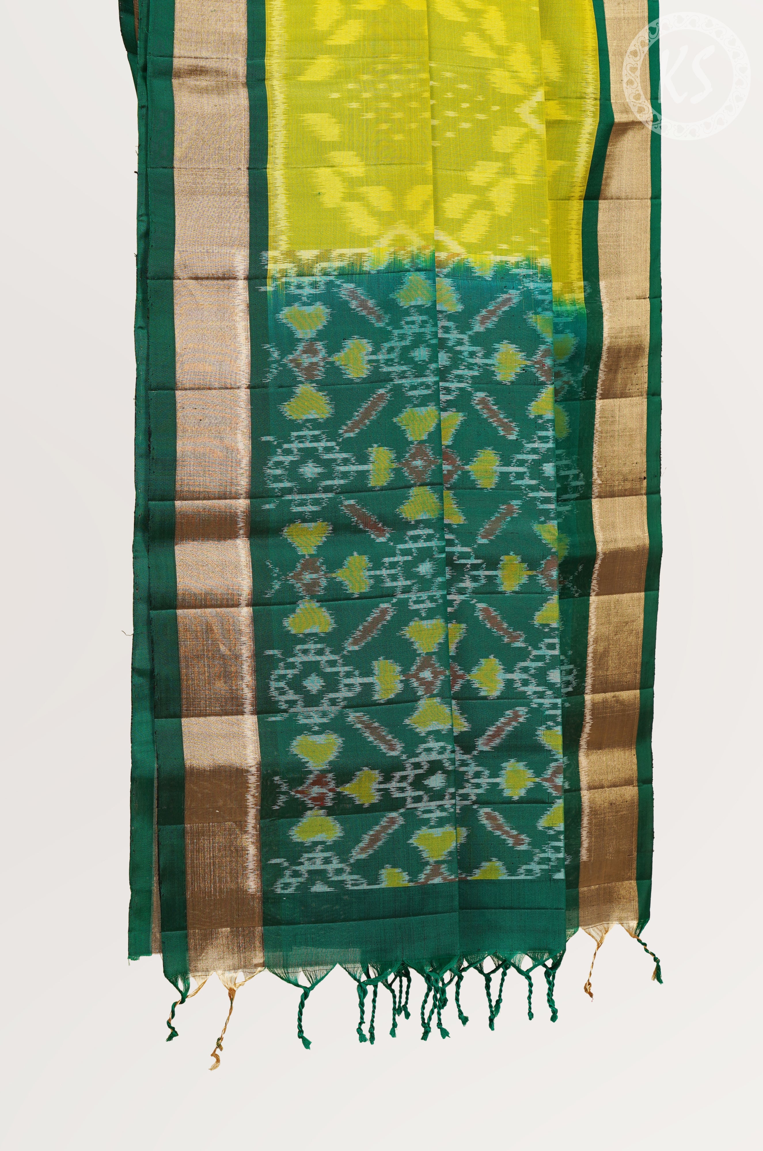 Lime Green & Yellow Dual Tone  Pochampally Soft Silk Saree