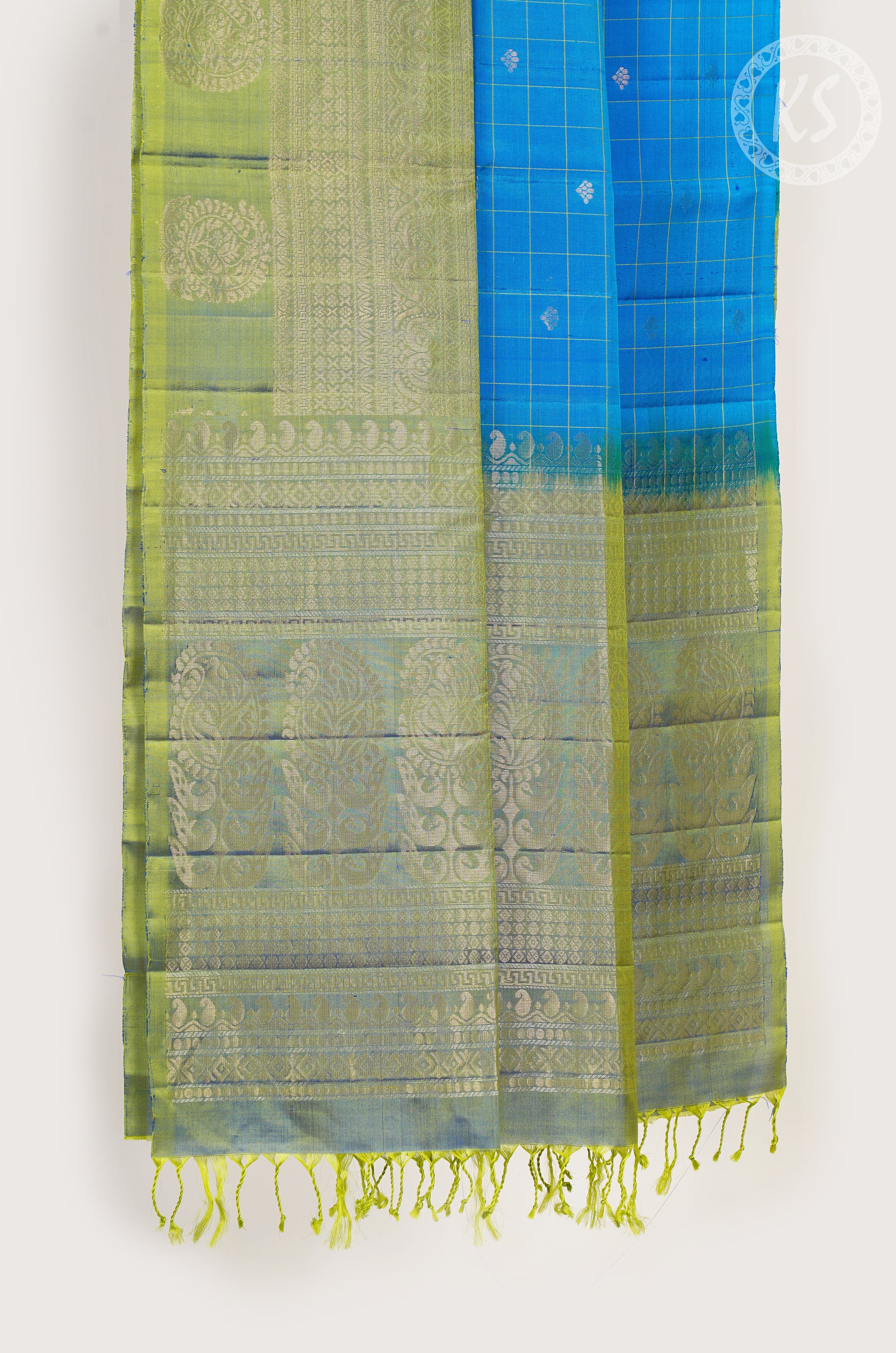 Dark Sky Blue Checks and Floral Butta Soft Silk Saree