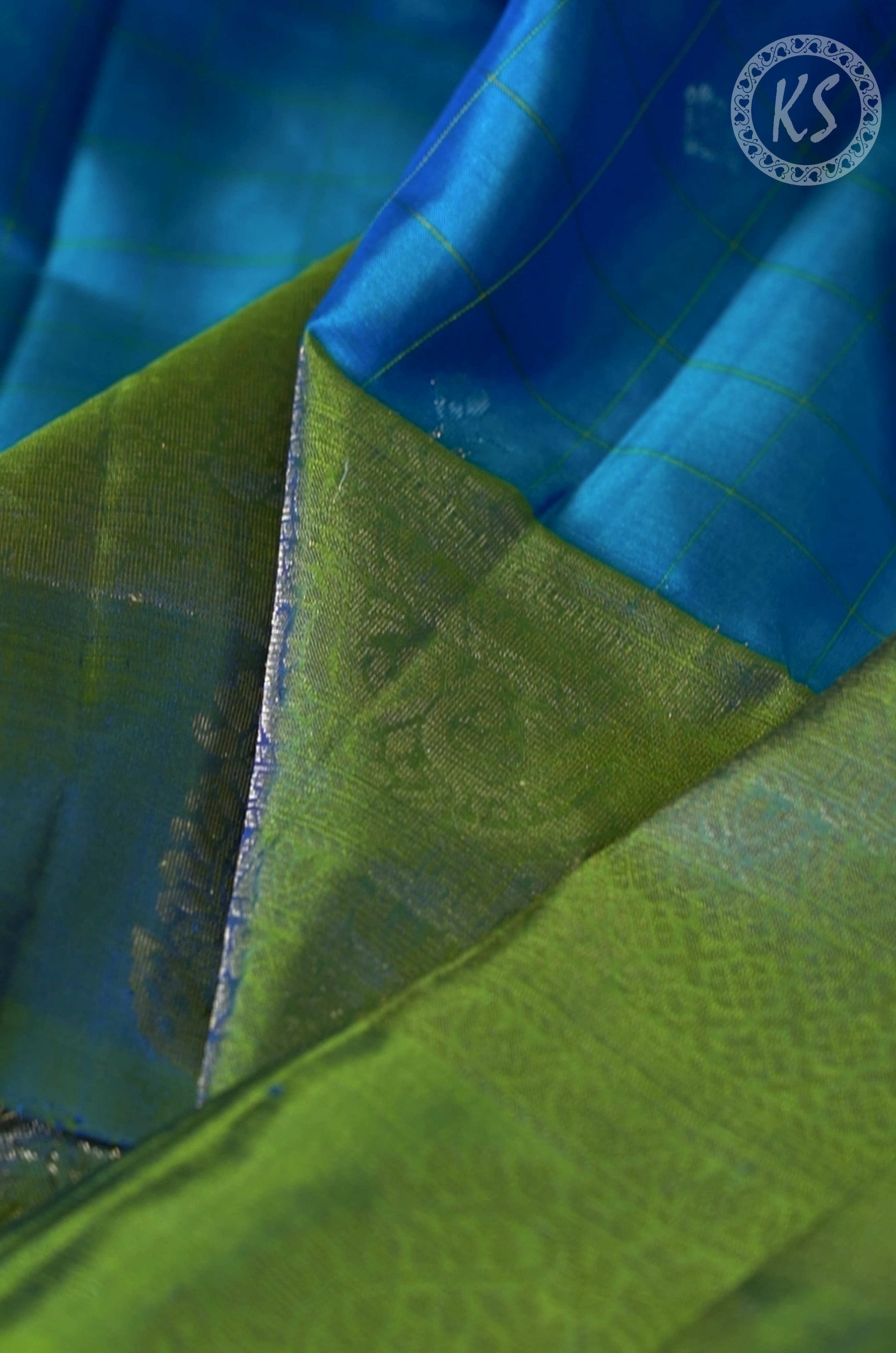 Dark Sky Blue Checks and Floral Butta Soft Silk Saree