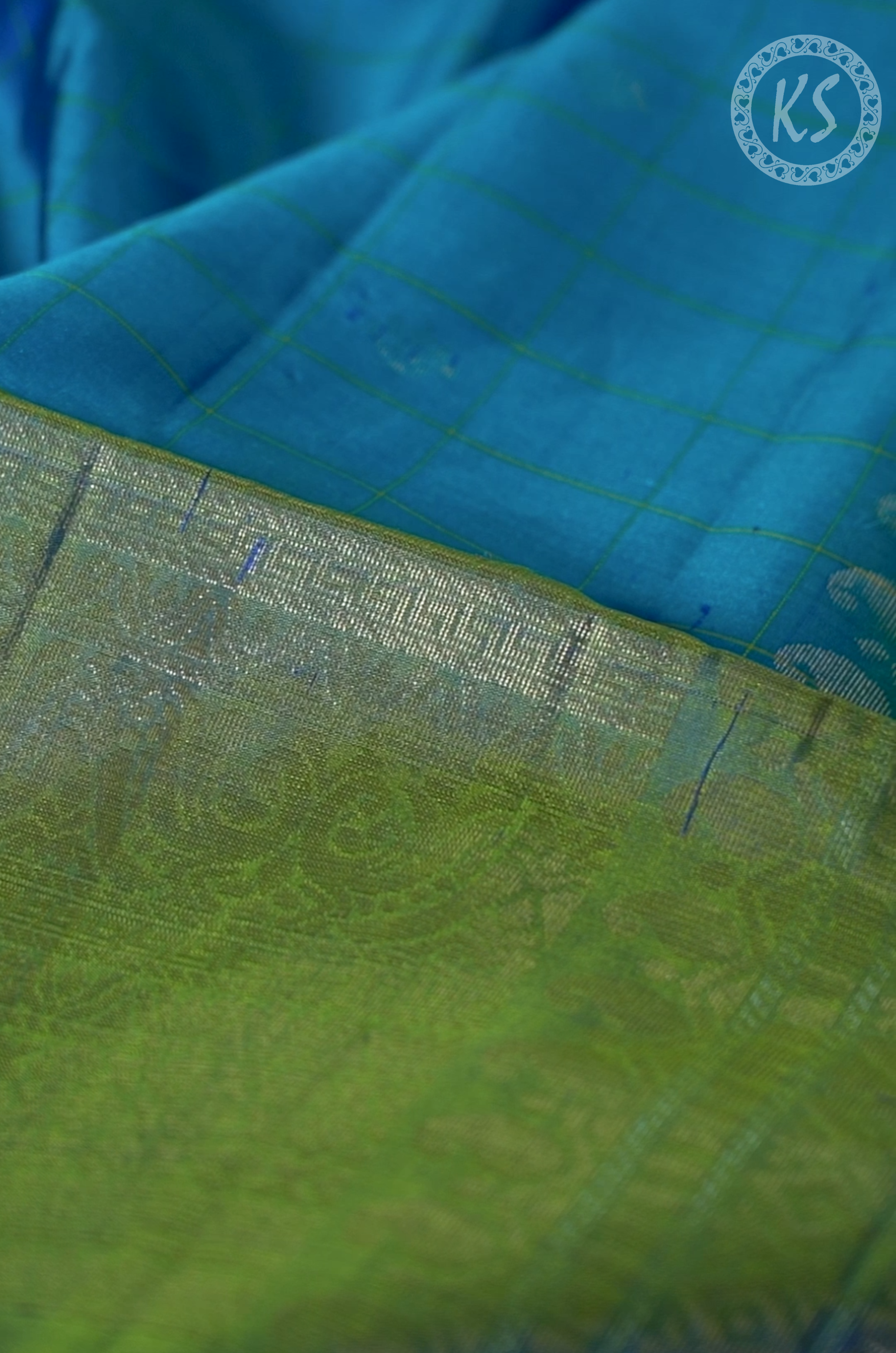 Dark Sky Blue Checks and Floral Butta Soft Silk Saree