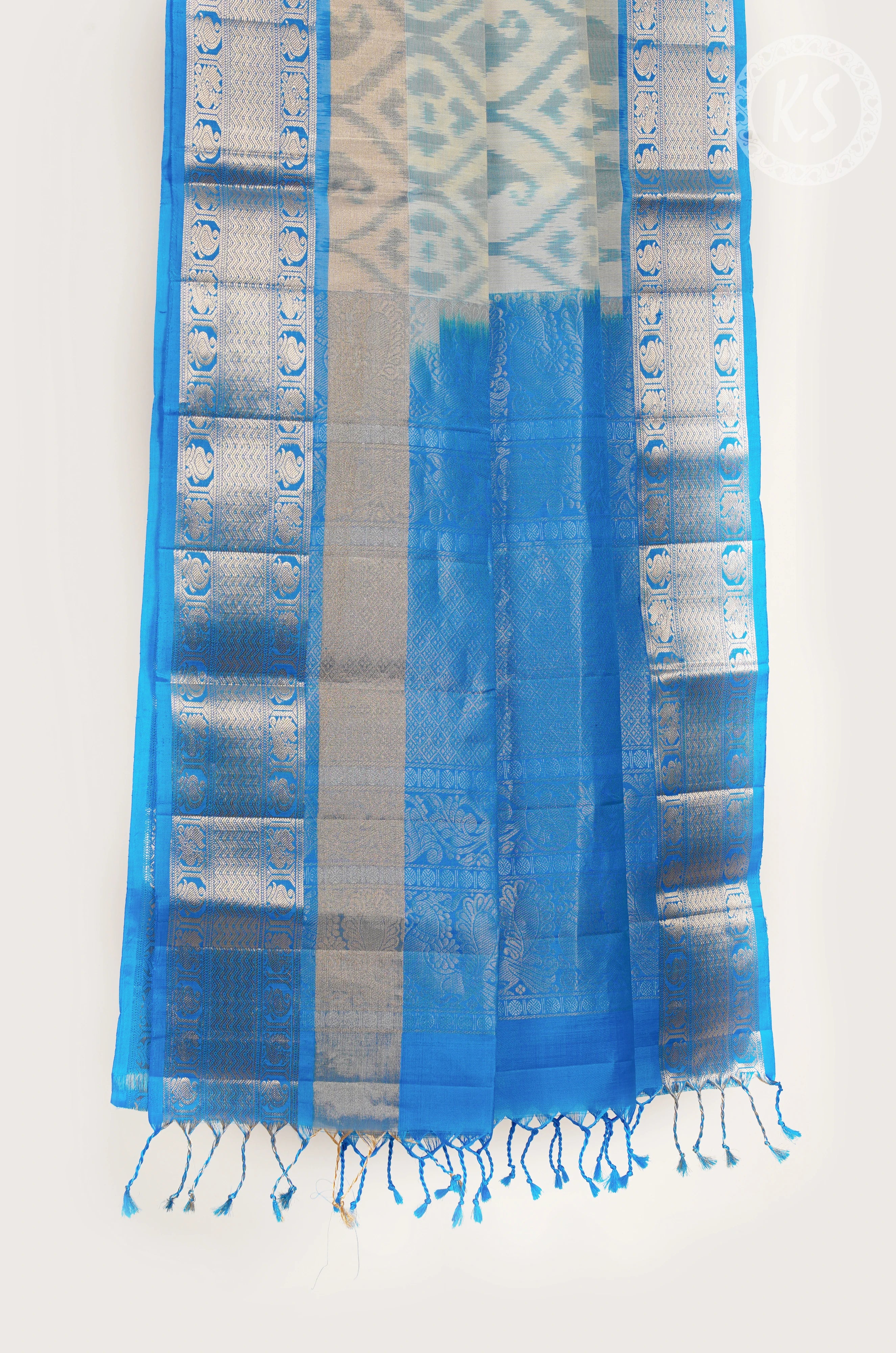 Cream & Blue Ikkat Pochampally Print Soft Silk Saree