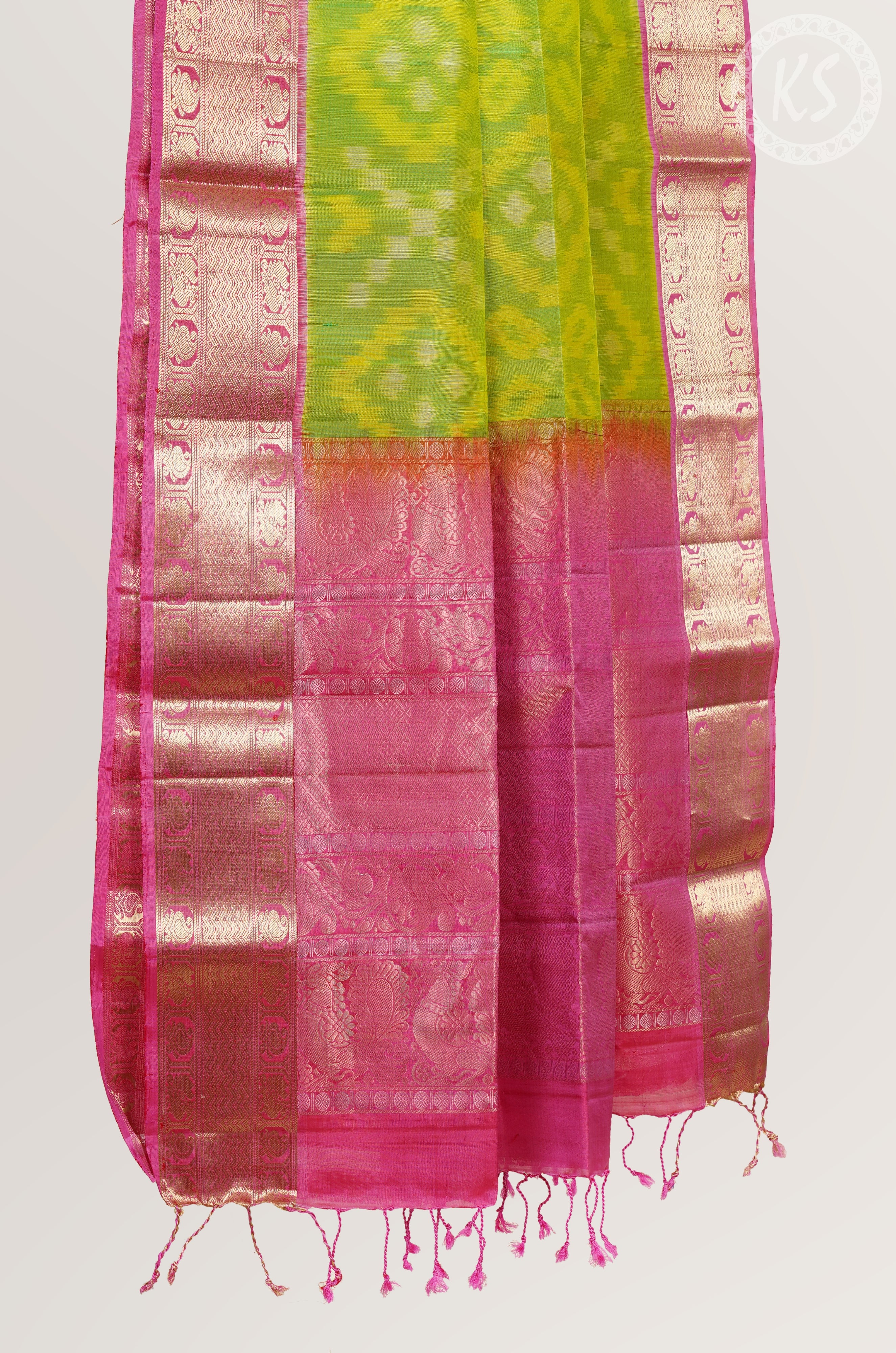 Green &Yellow Ikkat Pochampally Soft silk Saree
