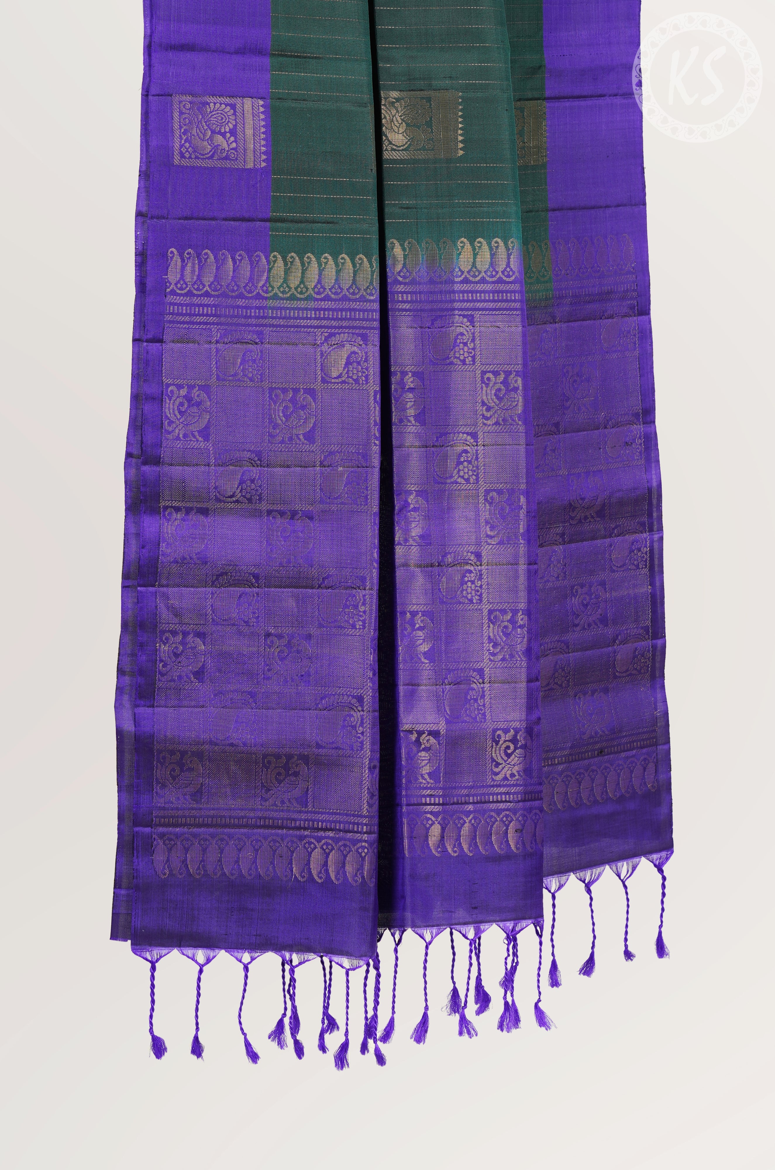Dark Green Soft Silk Saree with Stripe & Mayil Butta