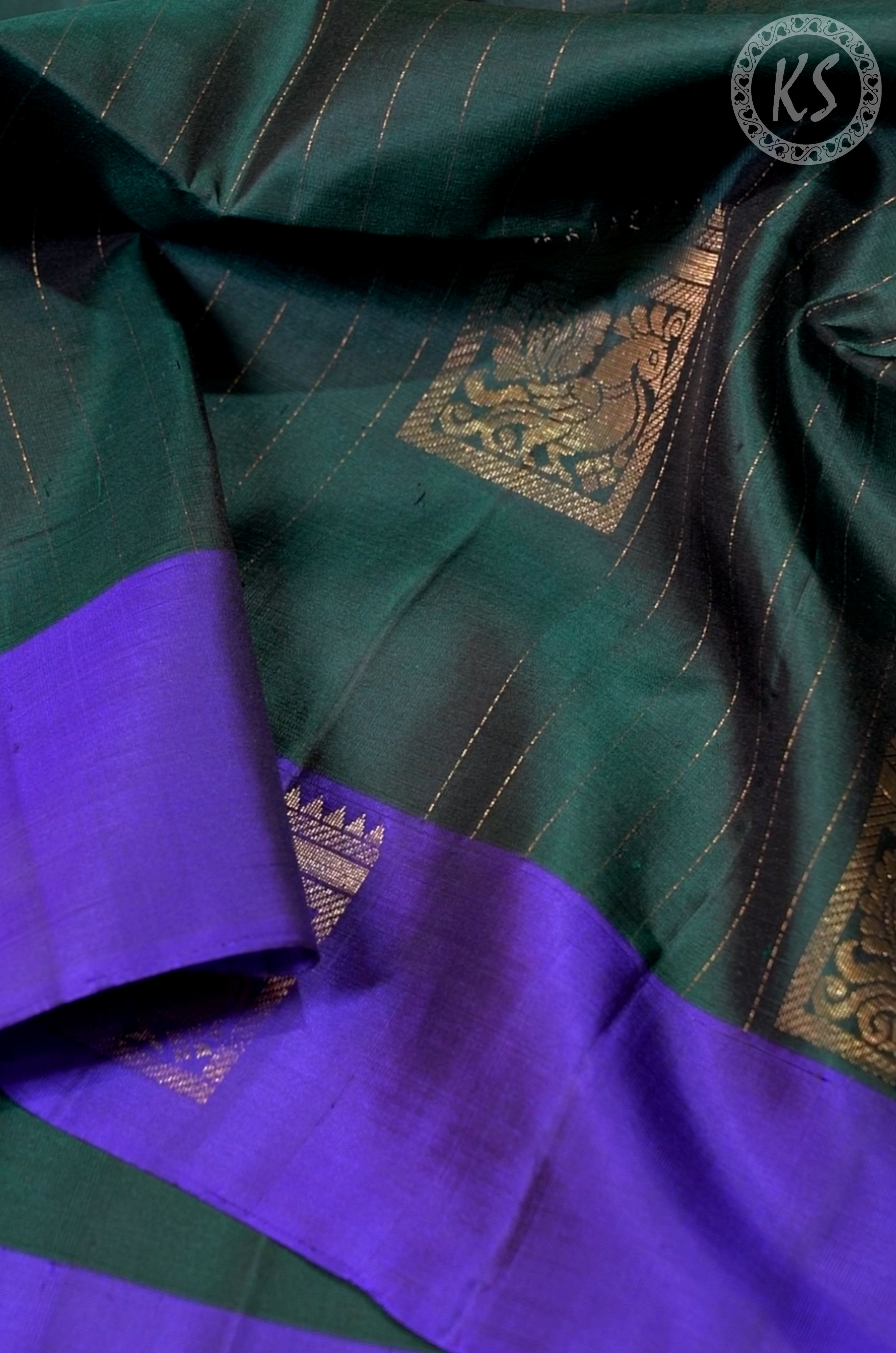 Dark Green Soft Silk Saree with Stripe & Mayil Butta