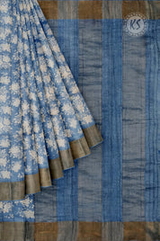 Blue Floral Printed Tussar Saree with Paavanji Border