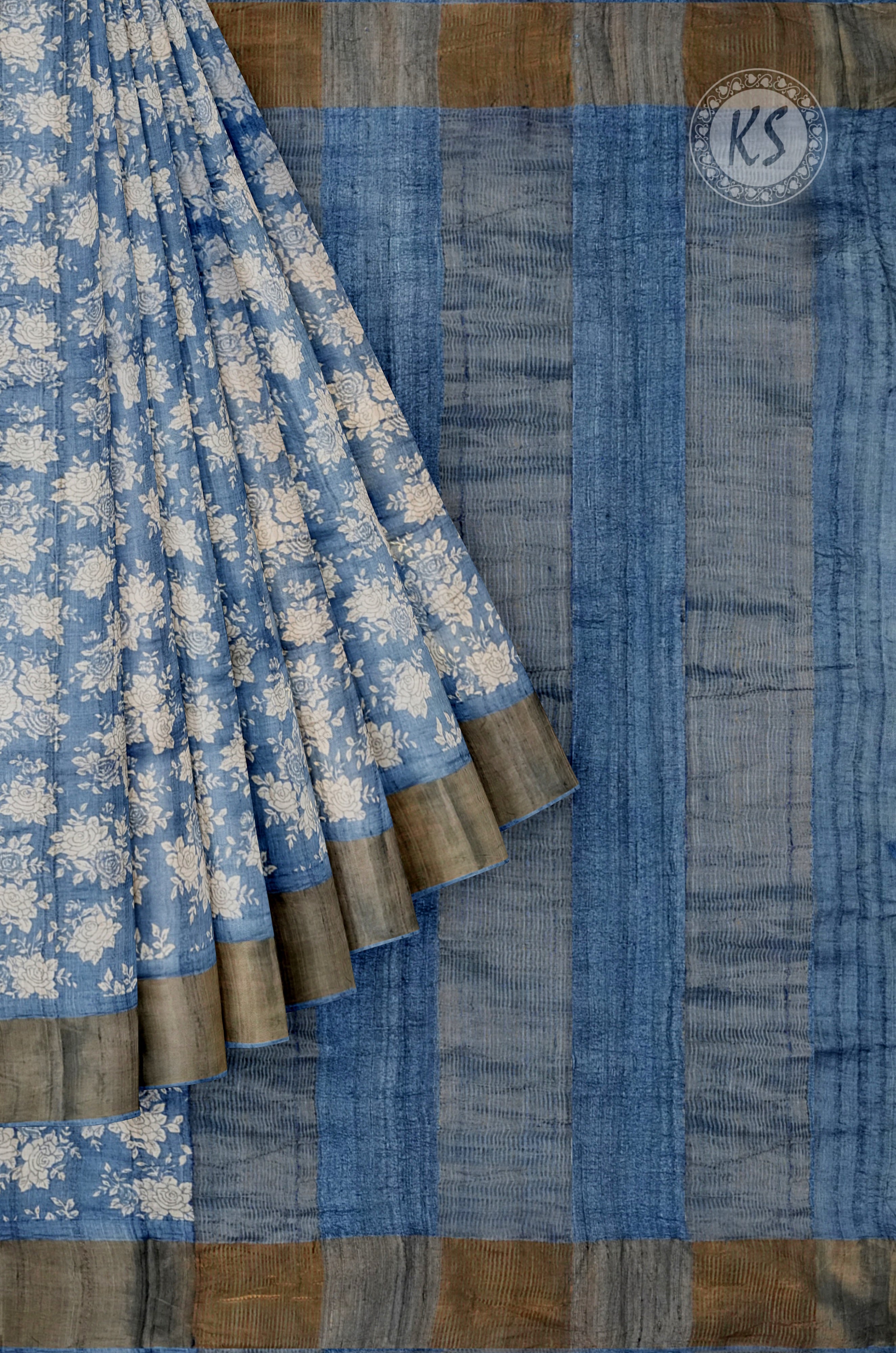 Blue Floral Printed Tussar Saree with Paavanji Border