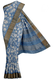 Blue Floral Printed Tussar Saree with Paavanji Border