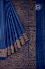 Blue Plain Tussar Saree with Printed Blouse