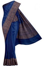 Blue Plain Tussar Saree with Printed Blouse