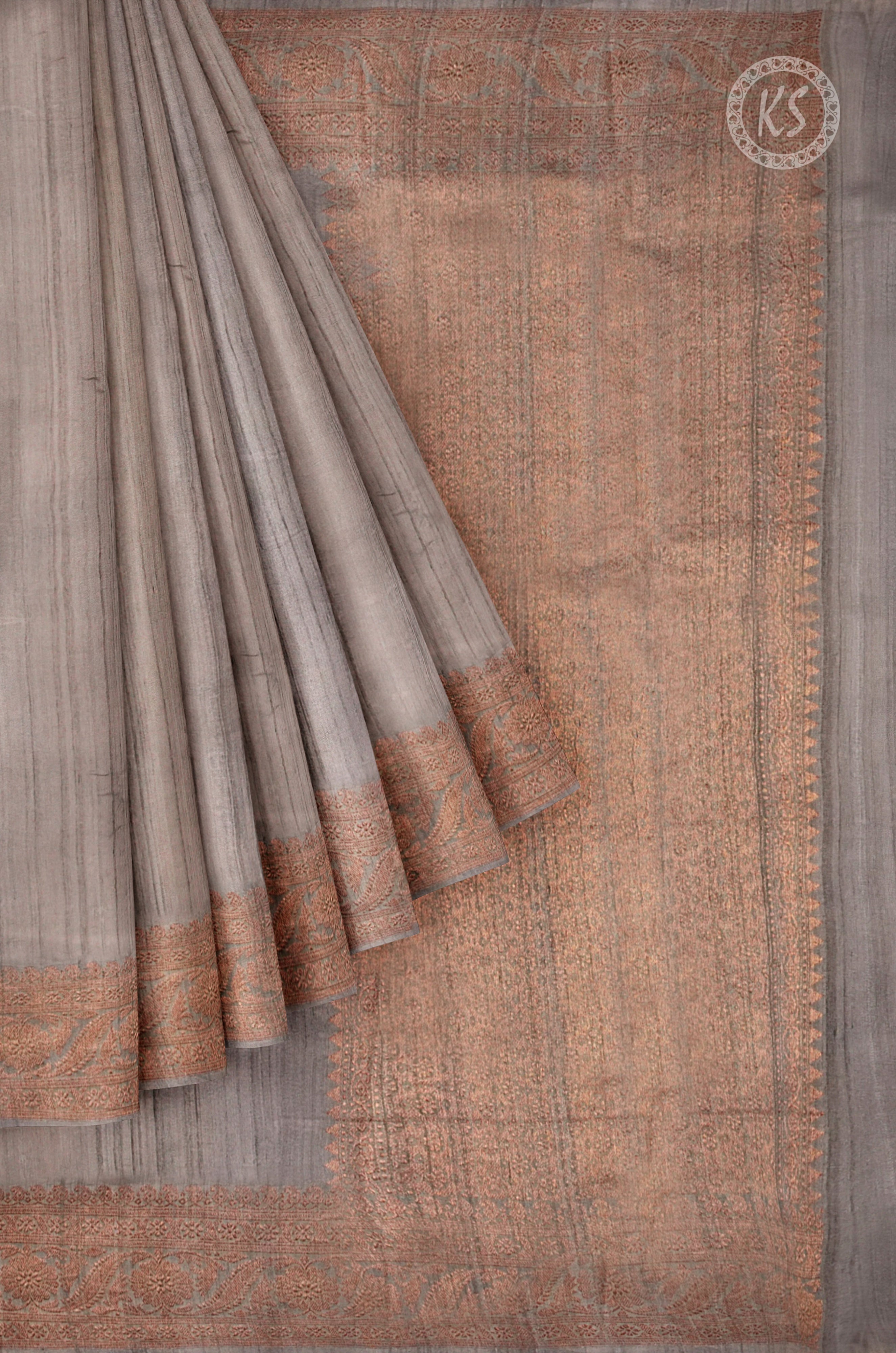 Grey Tusser Saree with Copper Zari