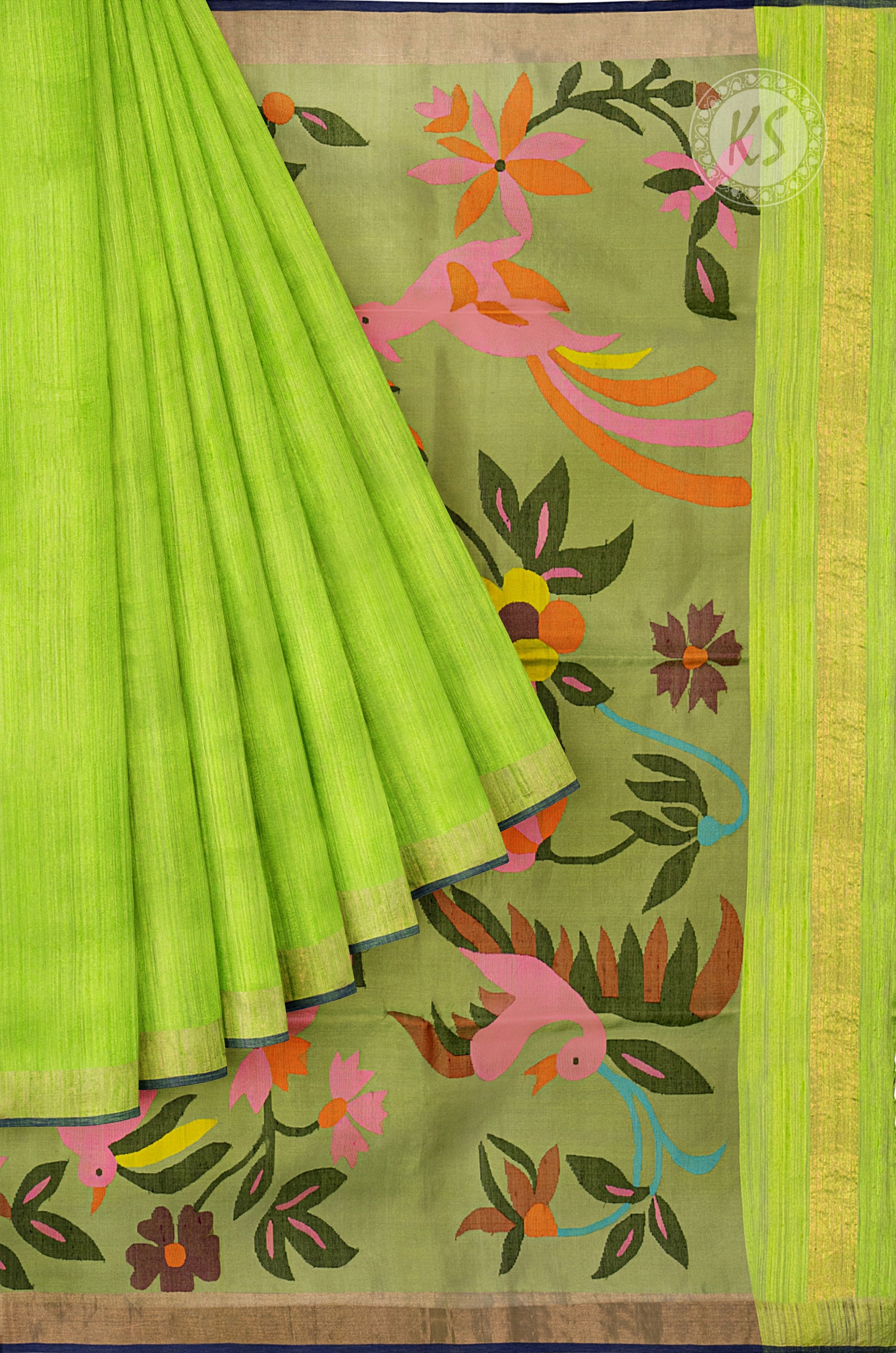 Parrot Green Tussar Saree