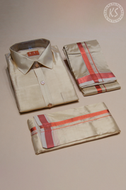 3P Sandal Veshti Set With Copper Zari