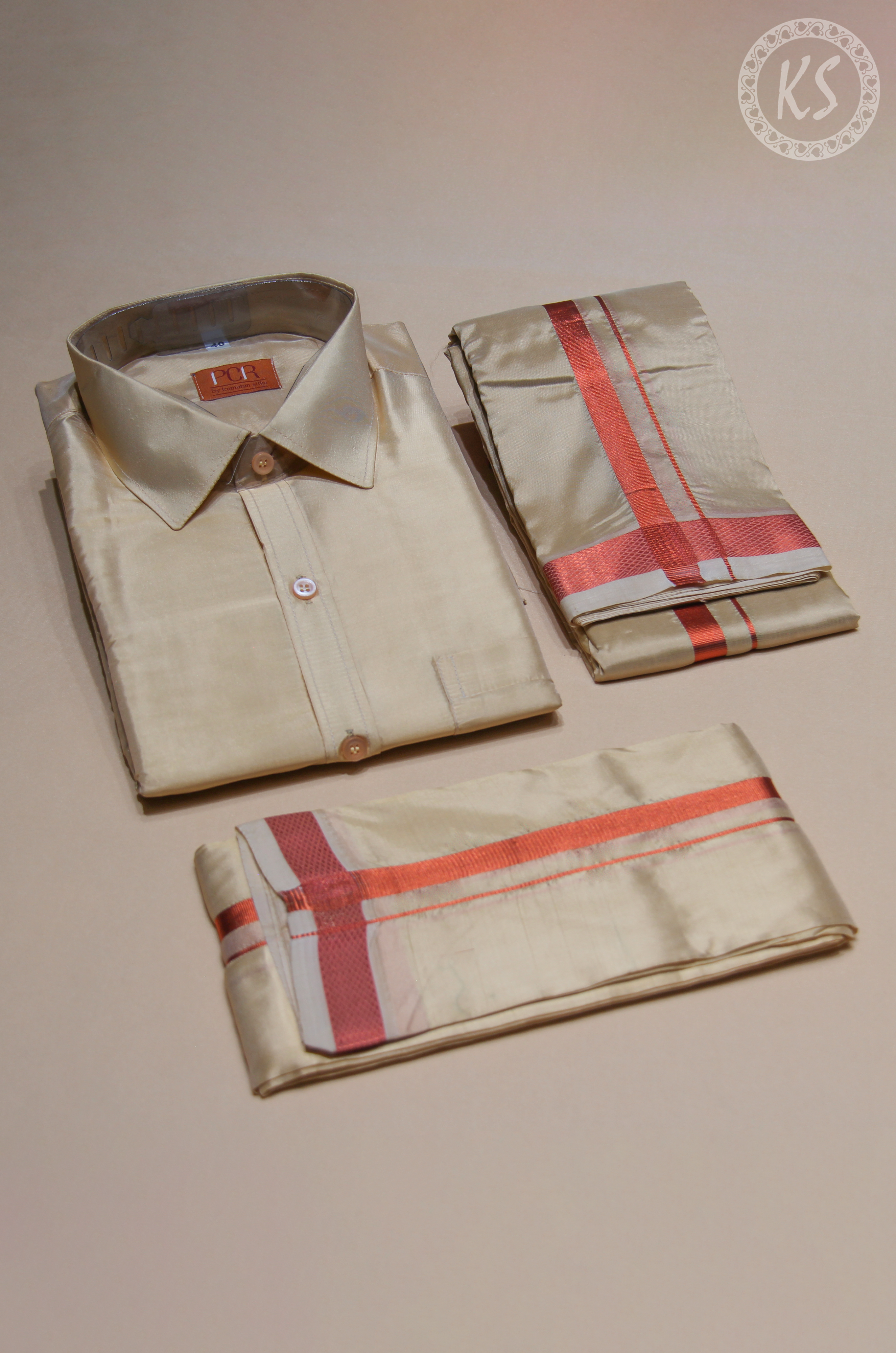 3P Sandal Veshti Set With Copper Zari