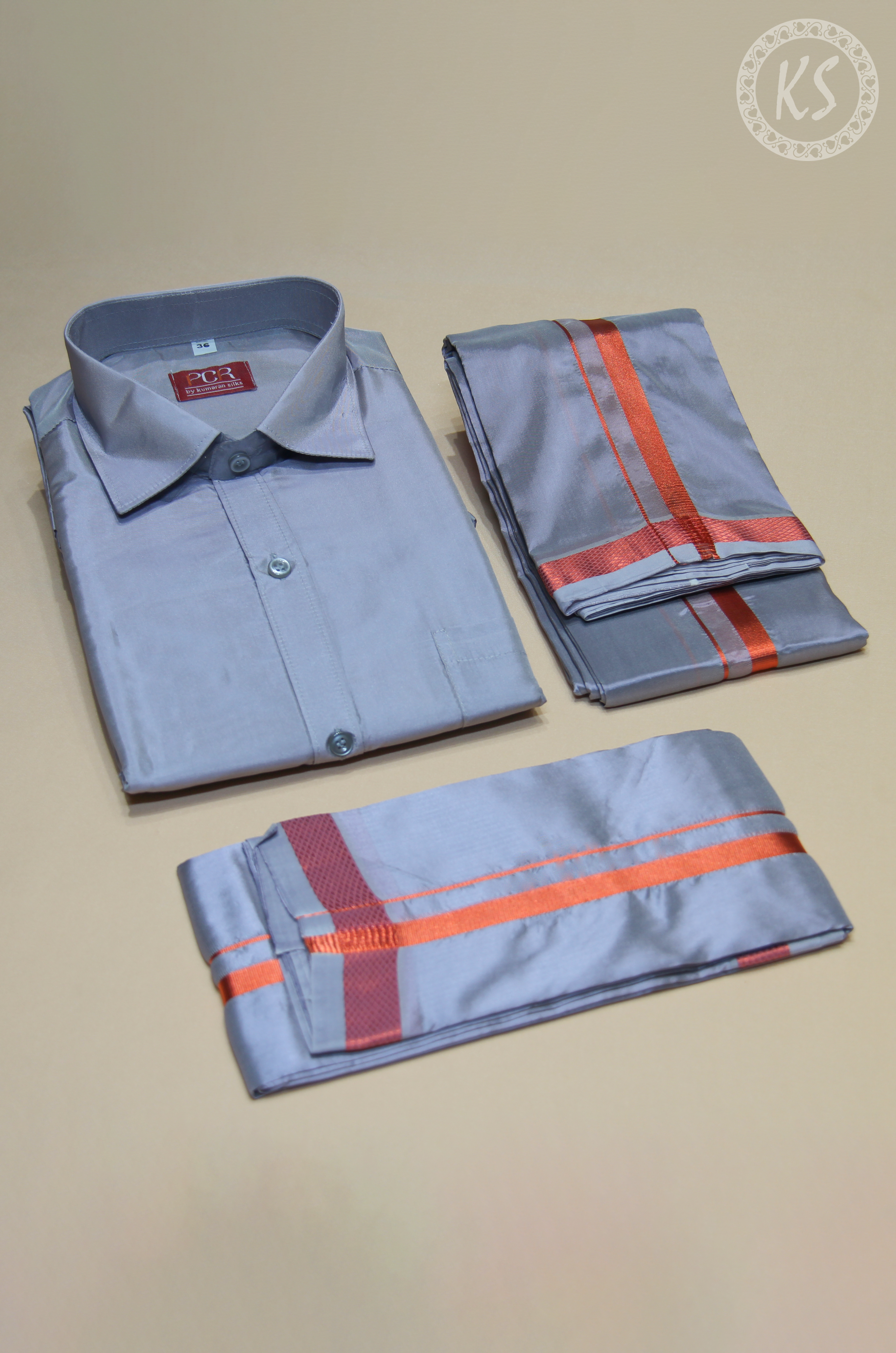 3P Grey Veshti Set With Copper Jari