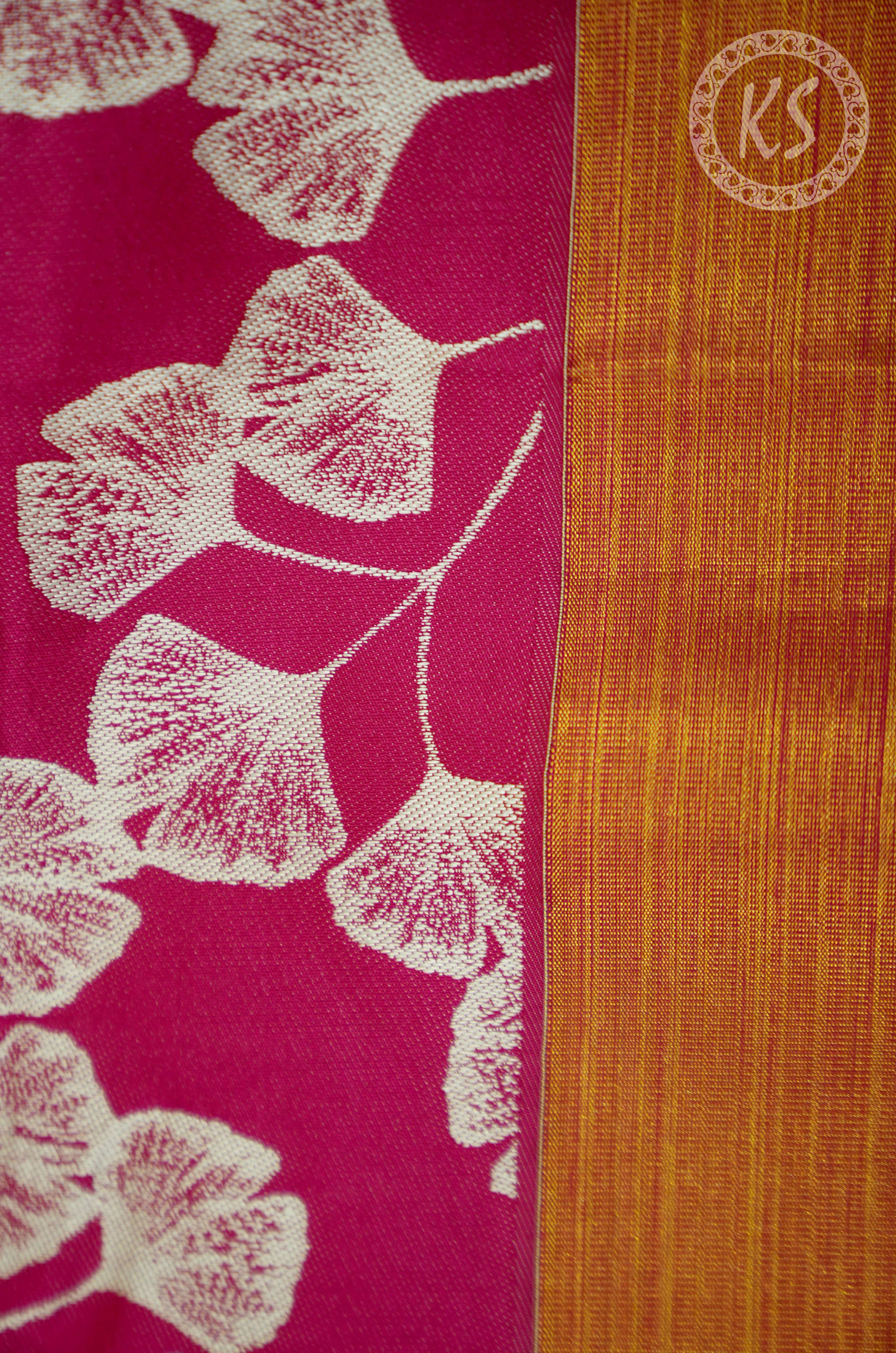 Pink banarasi silk blouse material with white leaf pattern