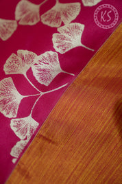 Pink banarasi silk blouse material with white leaf pattern