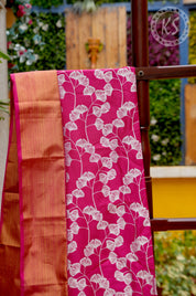 Pink banarasi silk blouse material with white leaf pattern