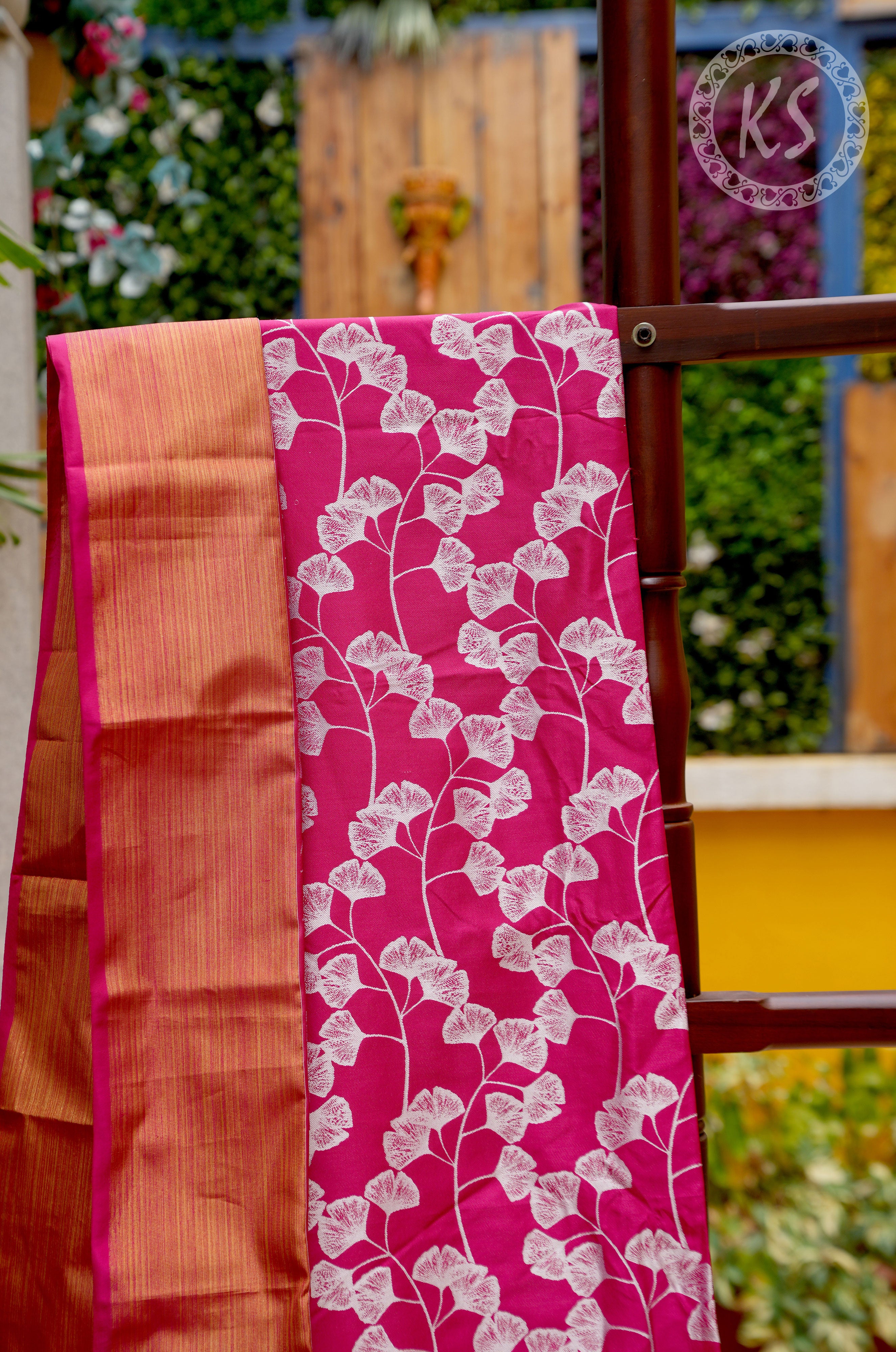 Pink banarasi silk blouse material with white leaf pattern