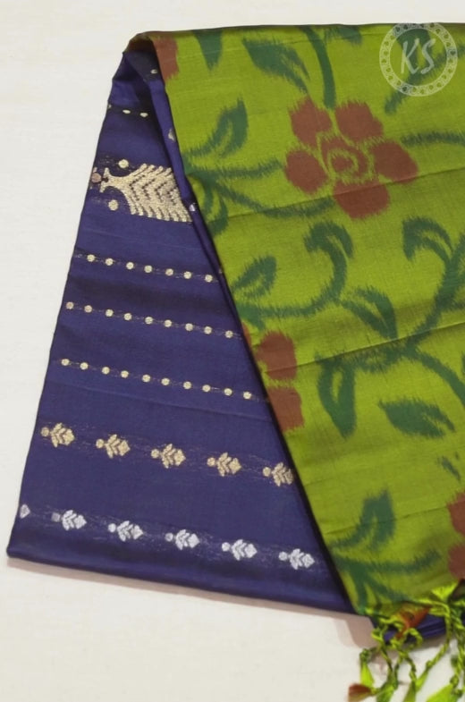 Navy Blue Soft Silk Saree with Stripe & Butta