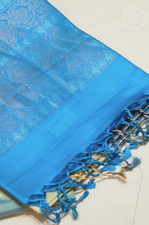 Cream & Blue Ikkat Pochampally Print Soft Silk Saree
