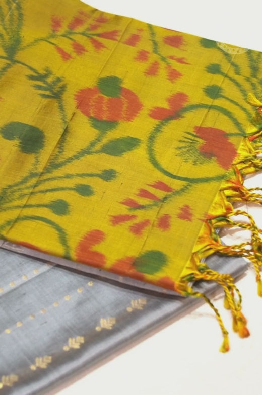 Grey Soft Silk Saree with Stripe & Butta